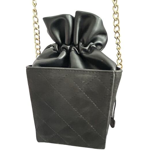 Quilted Mini Drawstring Shoulder Bag Black Pouch Gold Chain Crossbody - Picture 10 of 16